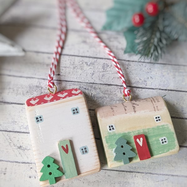 Set of 2 Wooden Christmas House Hanging Decorations