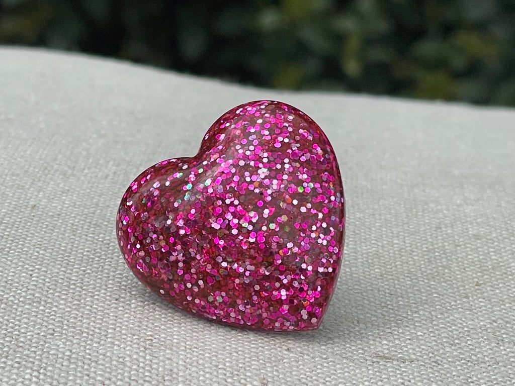 Hot pink glitter heart ring silver tone base jelly