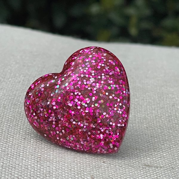 Hot pink glitter heart ring silver tone base jelly