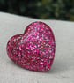 Hot pink glitter heart ring silver tone base jelly