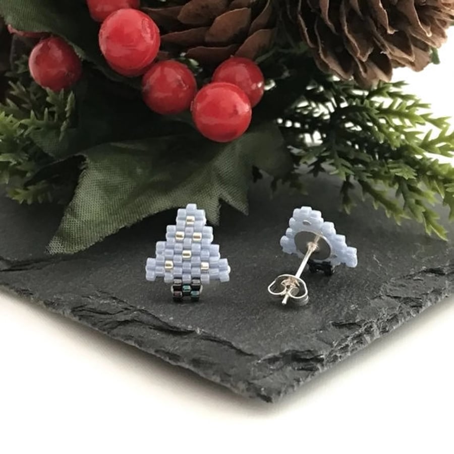 Light Blue & Silver Christmas Tree Stud Earrings