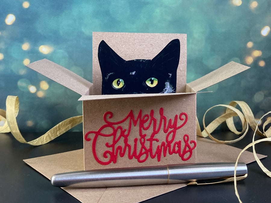 Cat Christmas Card - Black Cat box card. Cat lovers Christmas gift card holder