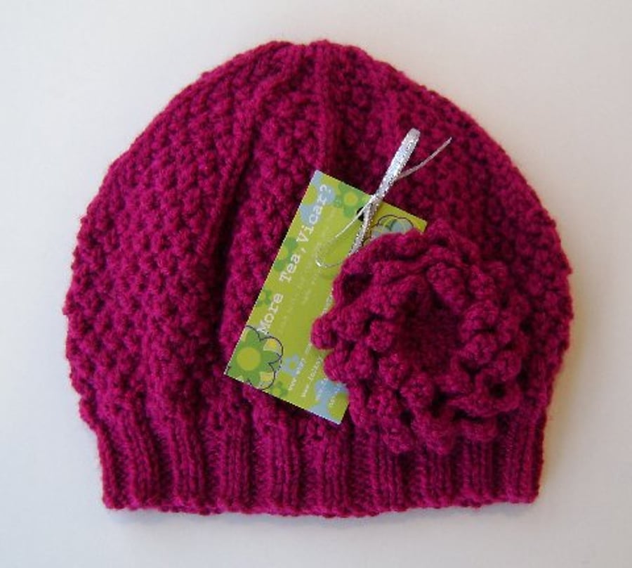 Beanie Hat in Dark Pink With Detachable Flower Brooch Hand Knitted 
