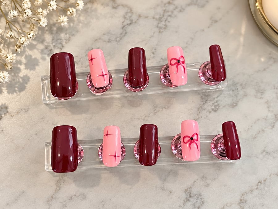 Cherry Bow Press-On Nails - Handmade Gel Nails
