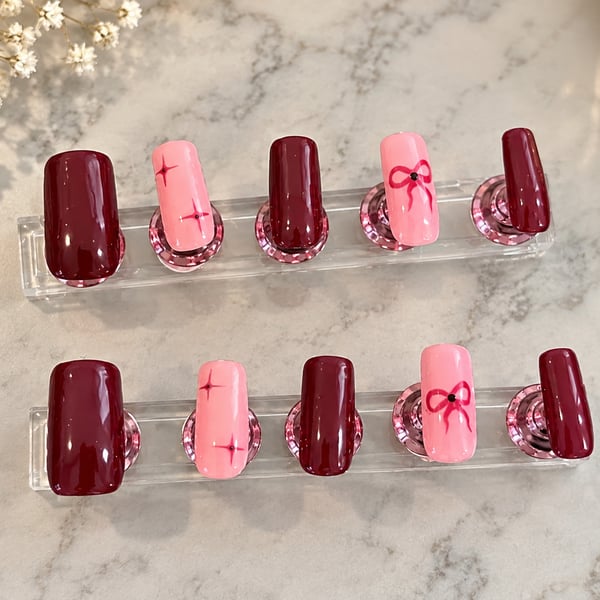 Cherry Bow Press-On Nails - Handmade Gel Nails