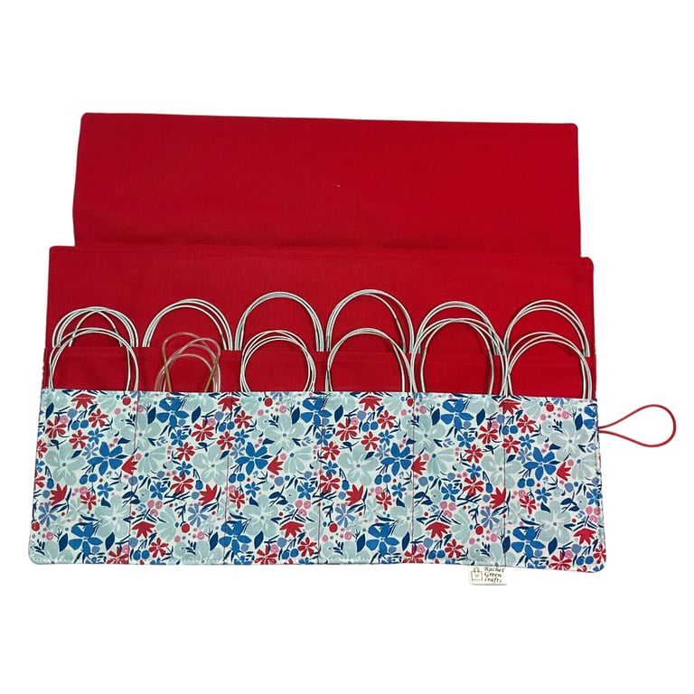 Circular needle case made from Liberty floral fabric, fixed circular sock needle