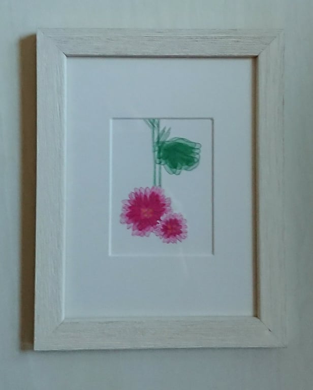 Small pink flower print of Chrysanthemums in white frame