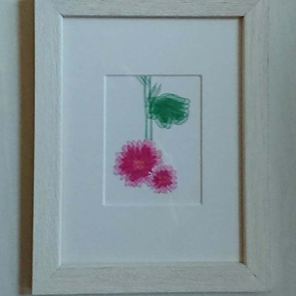Small pink flower print of Chrysanthemums in white frame