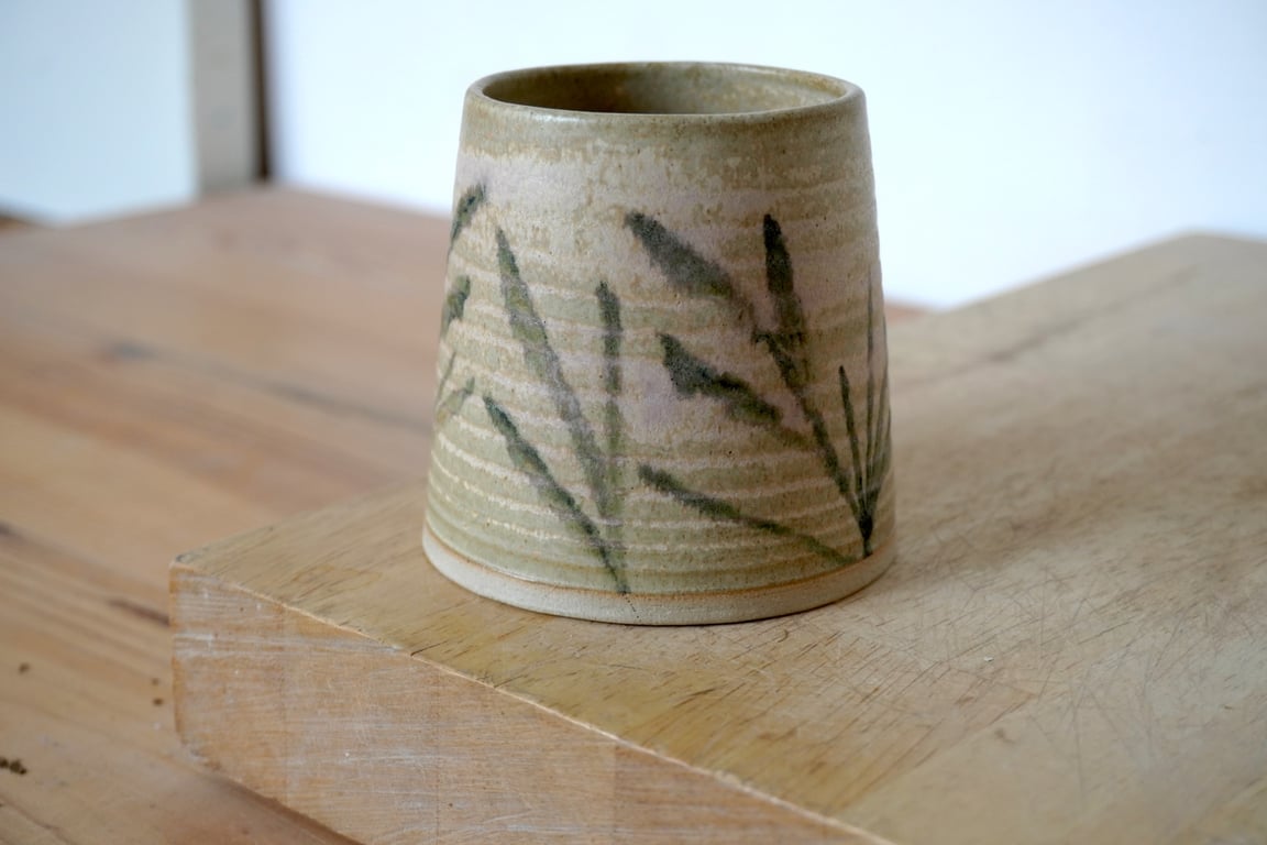 SALE - Hand thrown geometric vase in brown with hand painted leaf design