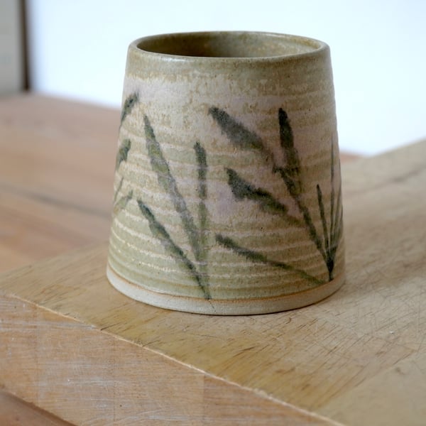 SALE - Hand thrown geometric vase in brown with hand painted leaf design