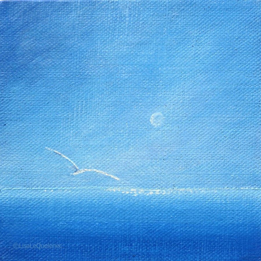 Gull gliding out to sea miniature painting small art coastal decor