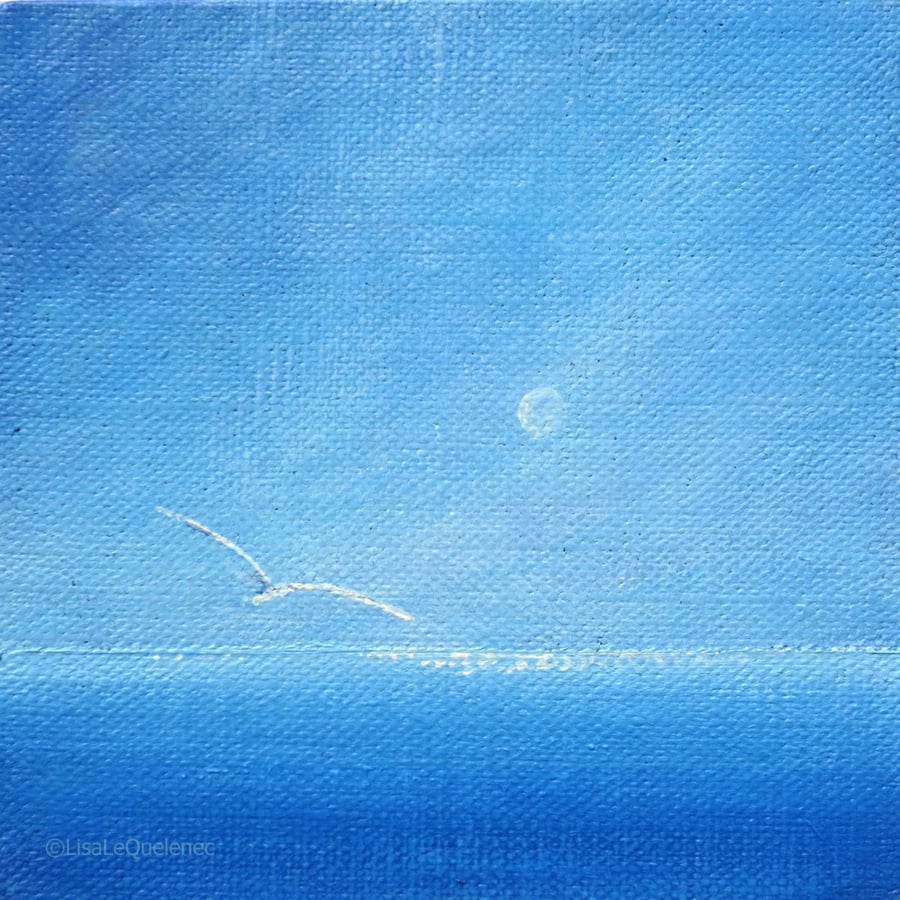 Gull gliding out to sea miniature painting small art coastal decor