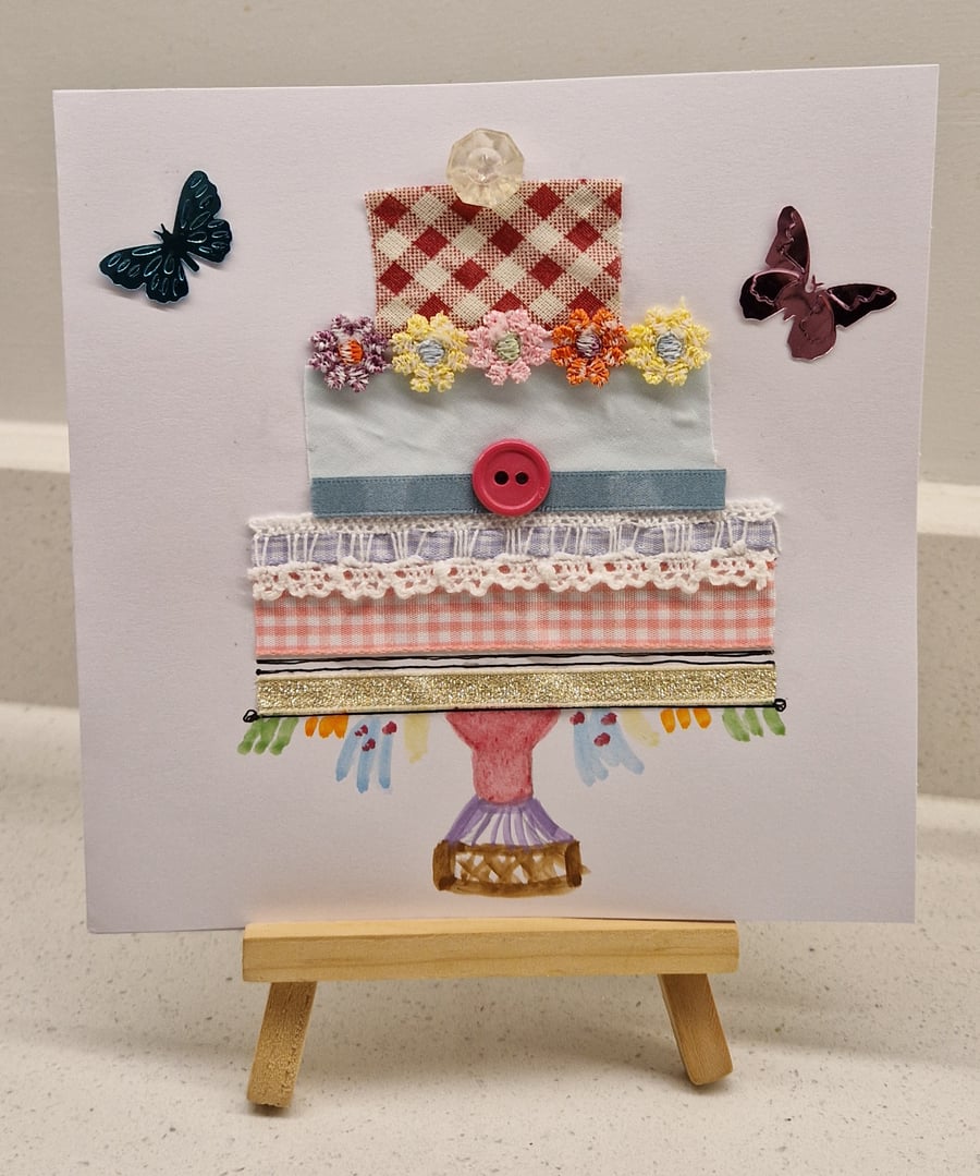 'Birthday cake' birthday card pretty butterflies fabric watercolour buttons