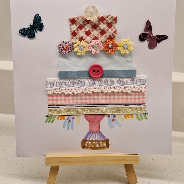 'Birthday cake' birthday card pretty butterflies fabric watercolour buttons