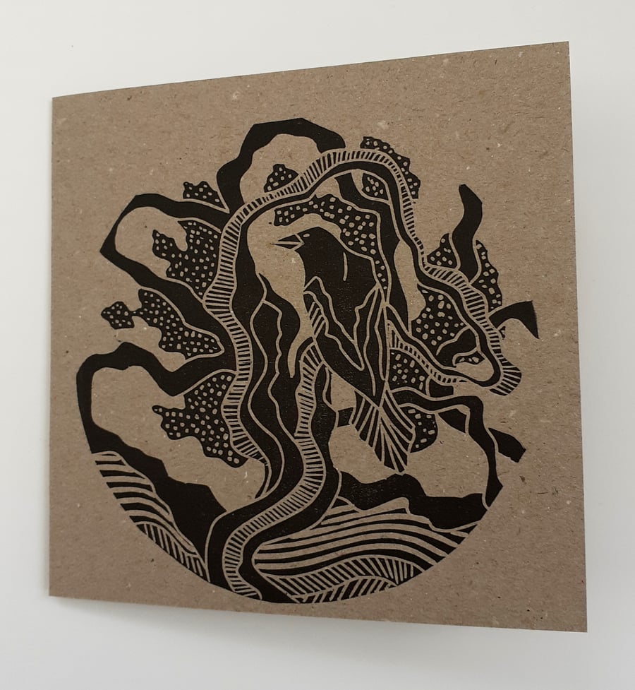 Linocut printed blank card, `Bird in Tree`.