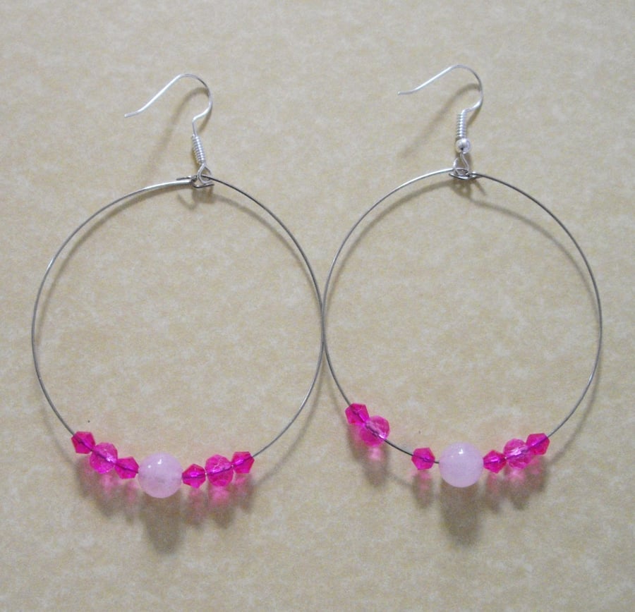 Rose Quartz and Crystal Bead Large Hoop Earrings - UK Free Post