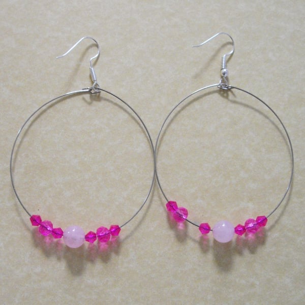 Rose Quartz and Crystal Bead Large Hoop Earrings - UK Free Post