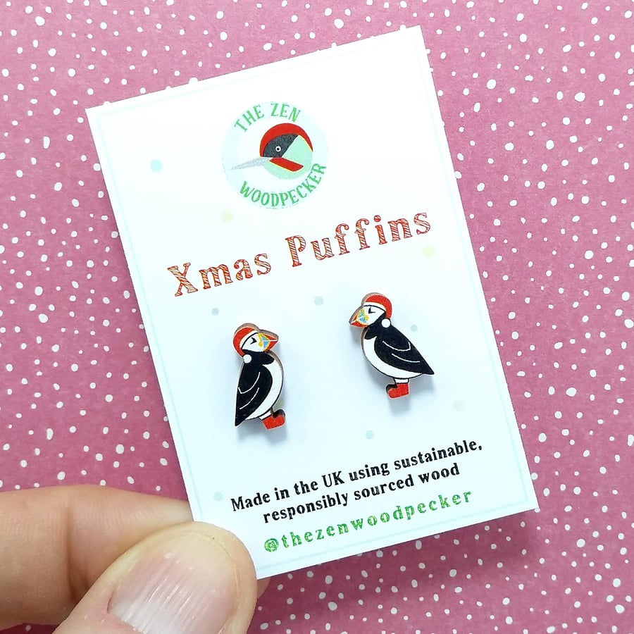 Christmas Puffin Earrings, Xmas Studs, Silver Plated or Sterling Silver Backs