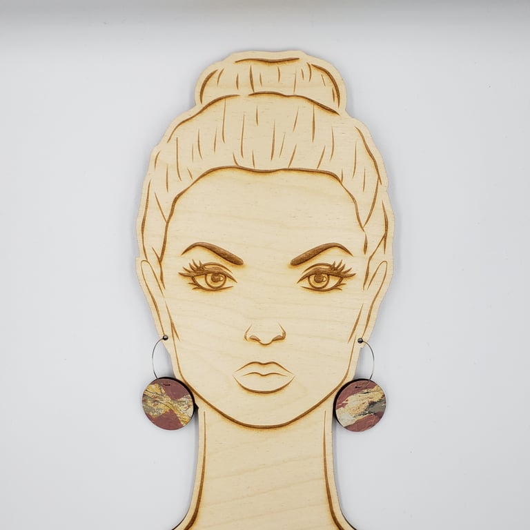 Rose pink, grey, yellow and white wooden printed earrings 