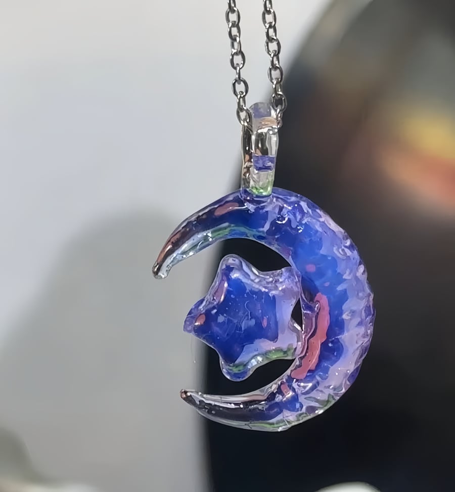 Handmade Blue Violet Glass Moon Necklace - Crescent Lampwork - Neclace Art Craft