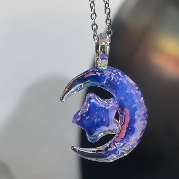 Handmade Blue Violet Glass Moon Necklace - Crescent Lampwork - Neclace Art Craft