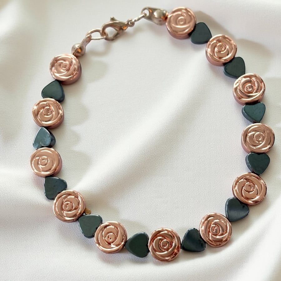 Love Hearts and Roses Hematite Bracelet