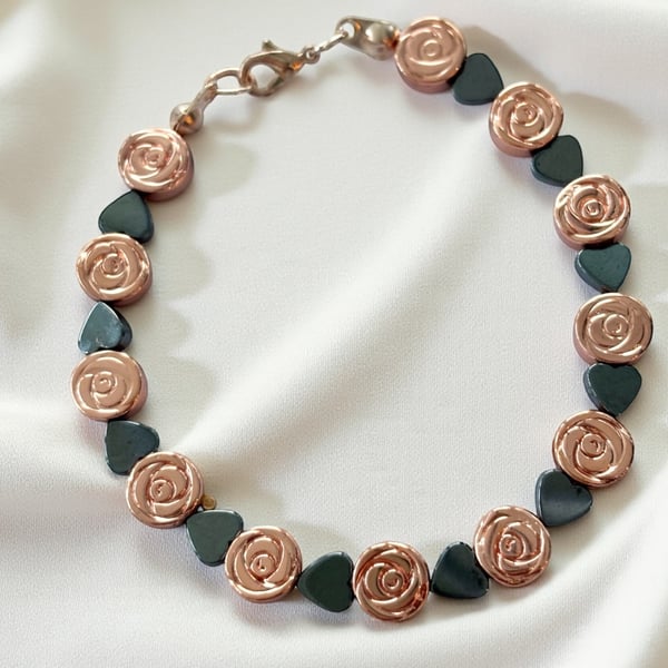 Love Hearts and Roses Hematite Bracelet