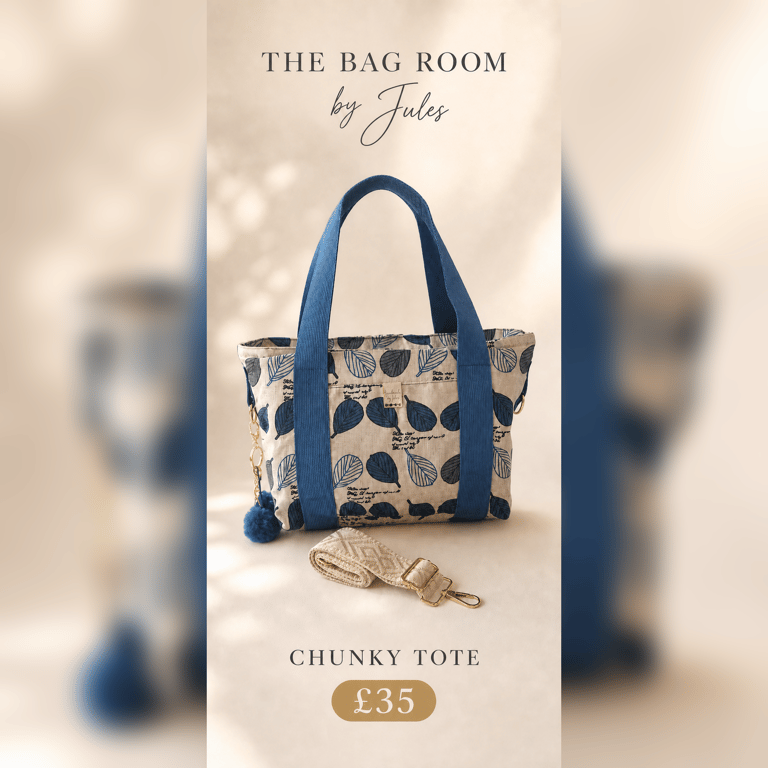 Chunky Tote Bag in Blue Leaf Print fabric