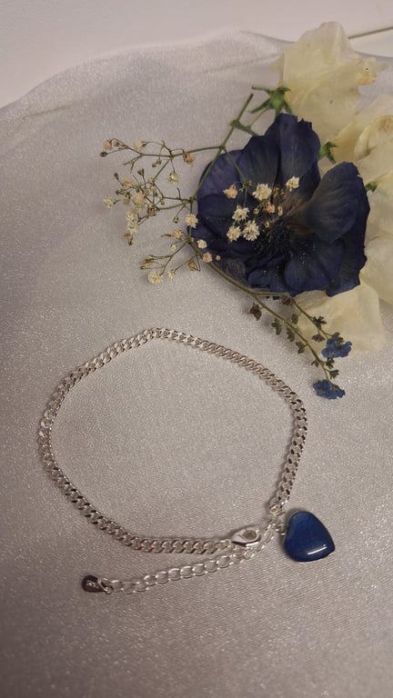 "Something Blue" heart anklet on sterling silver chain