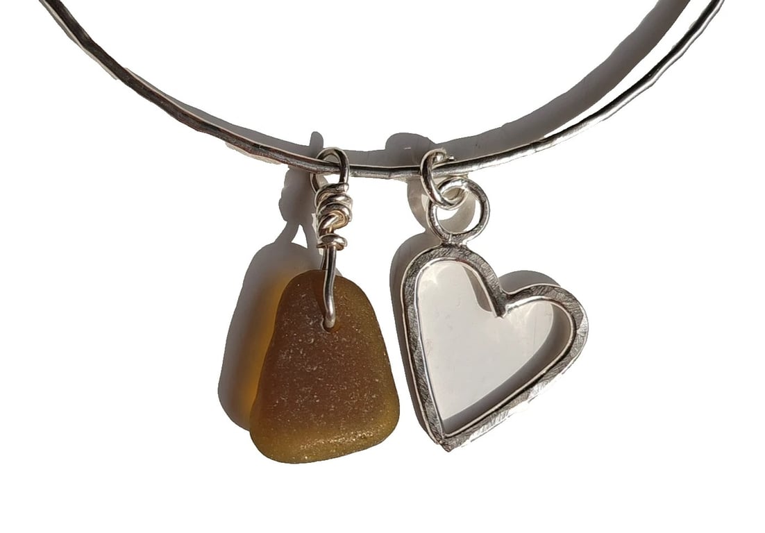 Seaglass & Heart Bangle Sterling Silver 925 Jewellery Gift Hammered Bracelet