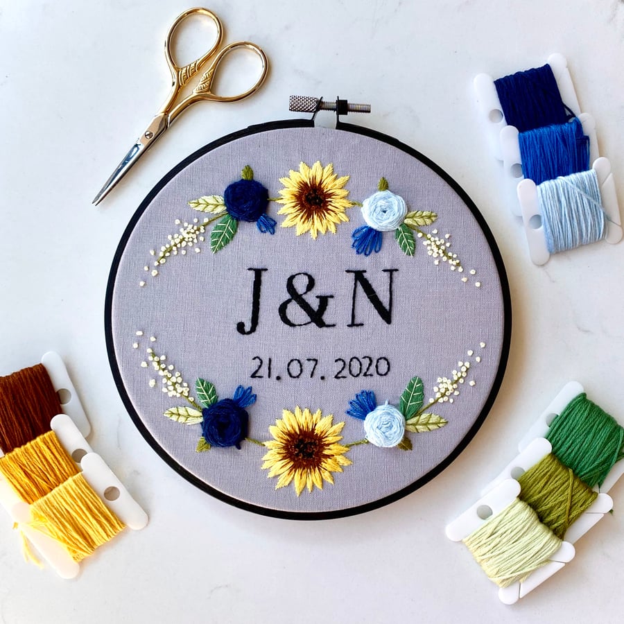 Handmade, Initials & Date Embroidery Hoop with Floral Detailing, Personalised