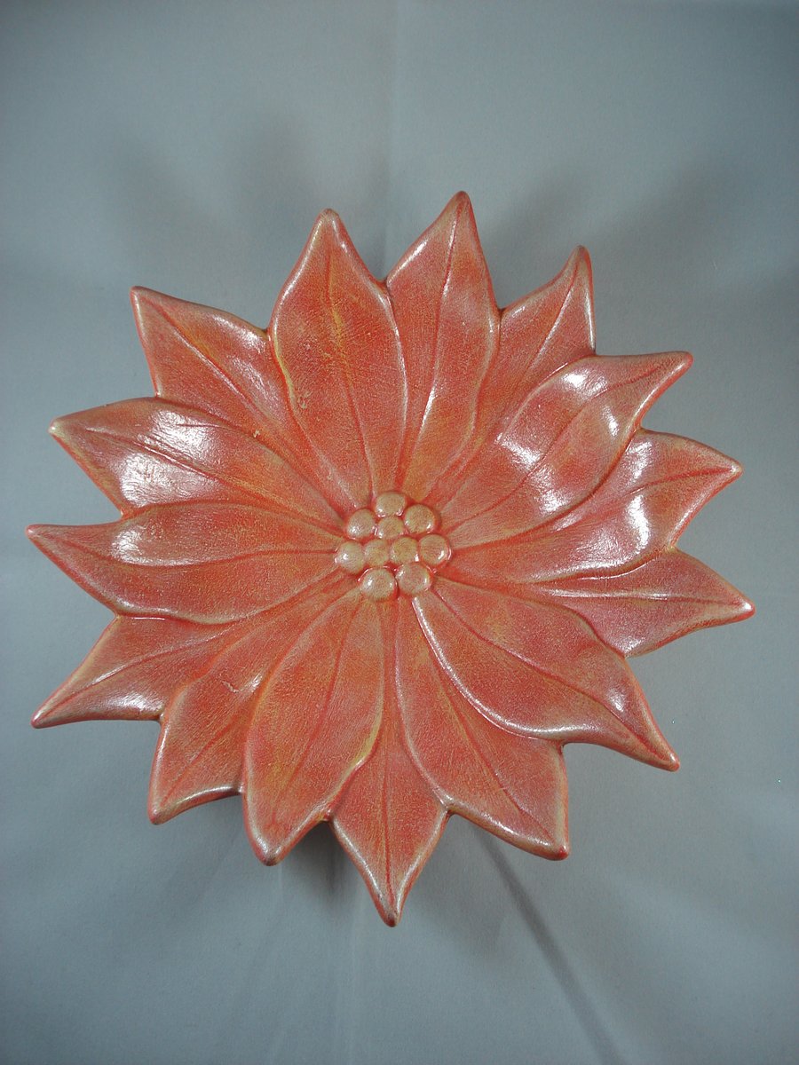 Ceramic Red Poinsettia Flower Ornamental Decorative Christmas Flower Dish Plate.