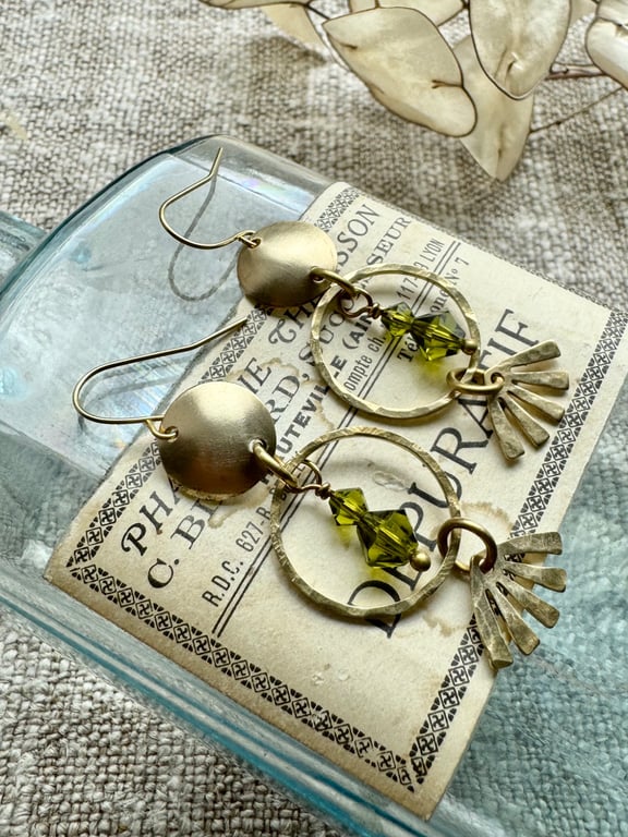 Golden Brass Statement Earrings With Olive Green Czech Crystals Handmade