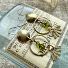 Golden Brass Statement Earrings With Olive Green Czech Crystals Handmade