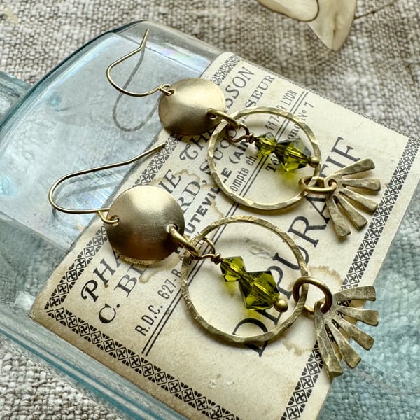 Golden Brass Statement Earrings With Olive Green Czech Crystals Handmade