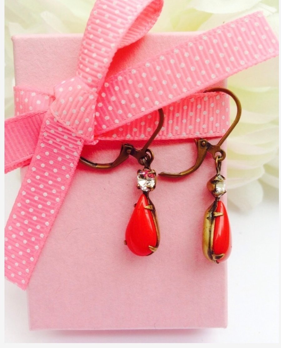 Cherry red vintage glass earrings with rhinestones. 