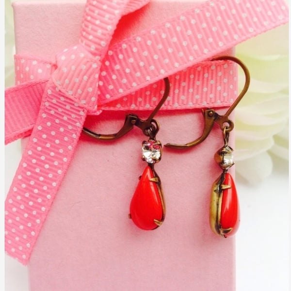 Cherry red vintage glass earrings with rhinestones. 