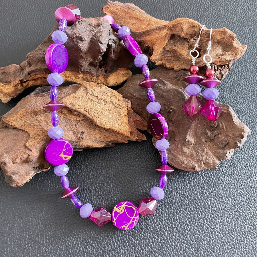 Handmade Beaded Purple Toned Necklace and Earrings Set