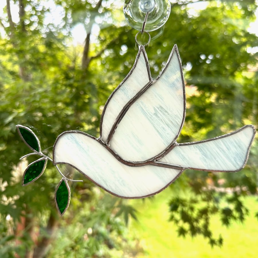 Stained Glass Peace Dove Suncatcher - Handmade Hanging Window Decoration - White