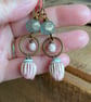 Artisan Ceramic Drop Earrings. Bell Flower Earrings. Aqua & Pink Earrings - Image 2