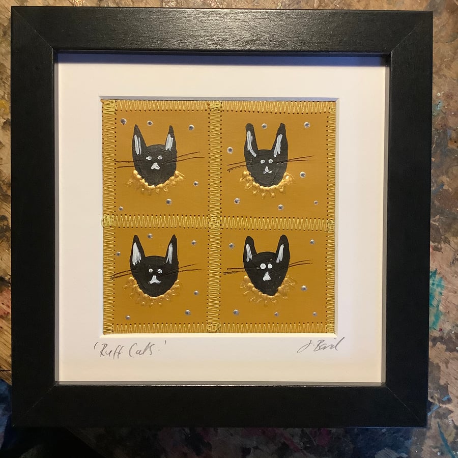 Some cats are ruff stuff. Small original painting. Framed. Cat lover, home