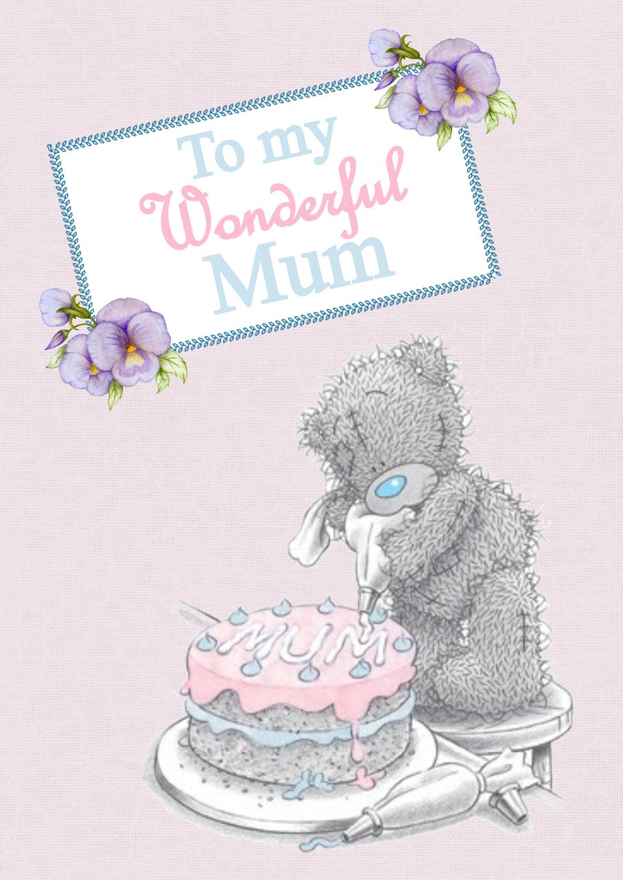 Floral Mother's day card, teddy with cake