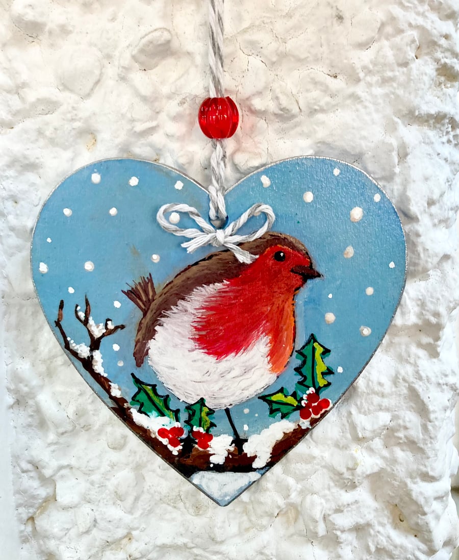 Hand Painted Fat Robin Christmas Hanging Heart Decoration