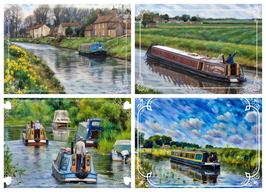 Pack of 4 Mixed Narrow Boat Cards A5 On The Fens Norfolk 