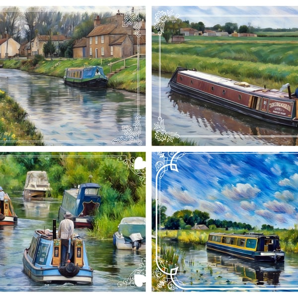 Pack of 4 Mixed Narrow Boat Cards A5 On The Fens Norfolk 