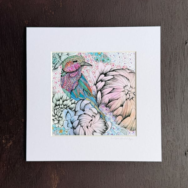 'Floral Bird' 8" x 8" Mounted Print