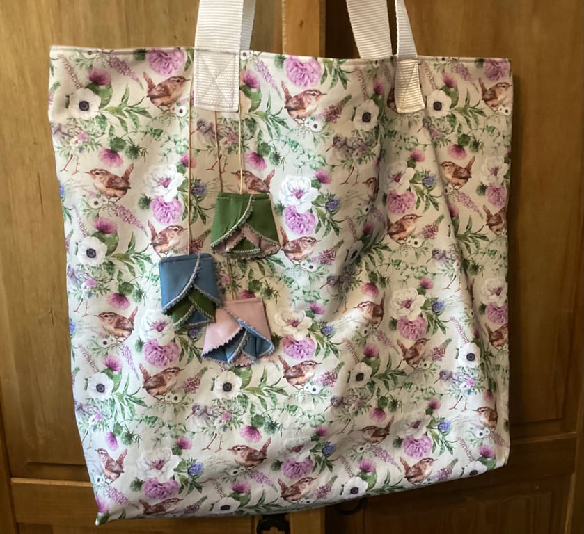 Cotton canvas tote  bag, bird and flowers, large bag.