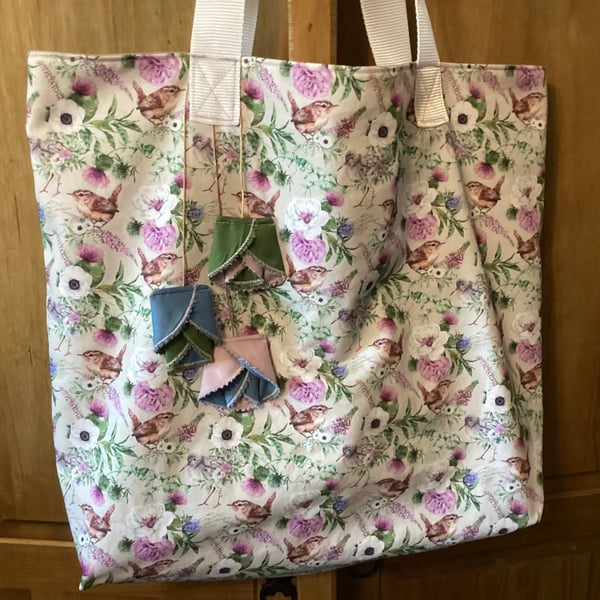 Cotton canvas tote  bag, bird and flowers, large bag.