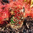 Christmas glass painted candle holder with poinsettia, snowflakes and branches
