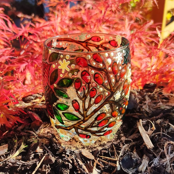 Christmas glass painted candle holder with poinsettia, snowflakes and branches